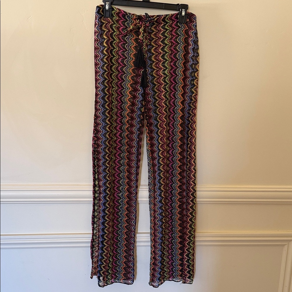 BECCA Swimsuit Coverup Pants split leg mesh multicolor! Vacay! M